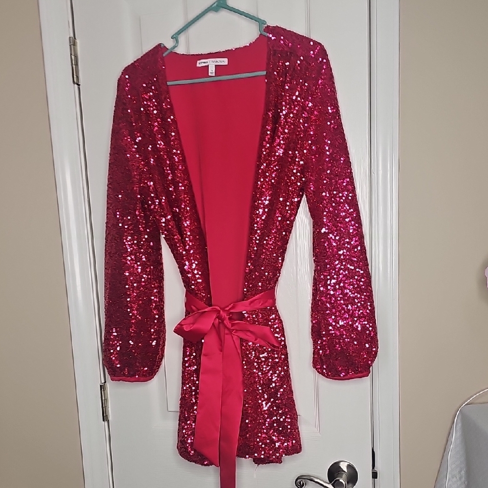 Express Olivia Culpo Red wrap Sequin Dress Sz Medium with satin tie Sexy